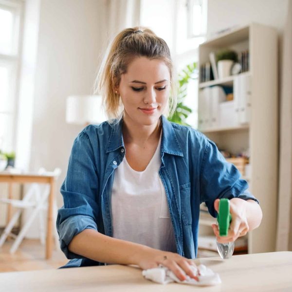 Young woman indoors at home, cleaning table.